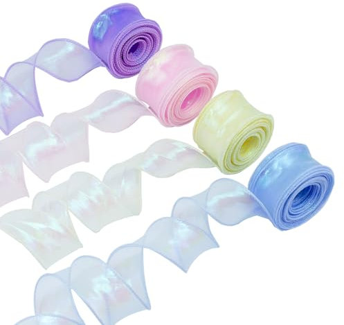 Schillernde Organzaband Chiffonband Glitzerndes Seidenband, 4cm Breit, Organza Geschenkband Bänder Ribbon für Verpackung Dekoration Hochzeit, 4 Farben, 4x900cm