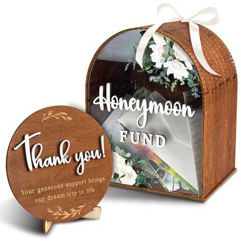WOODAMORE Honeymoon Fund Box for Wedding, Wood Money and Card Holder Set | wooden fund box with round thank you plaque and stand, rustic wedding reception money collection