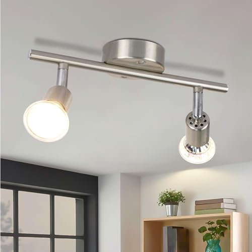 Feuerblitz LED Deckenstrahler 2 Flammig Flurlampe - Deckenleuchte Nickel Deckenspot GU10 2×3W 3000K Deckenlampe Metall Schwenkbar 350° Modern Wandleuchte Küche Schlafzimmer Wohnzimmer Mit Leuchtmittel