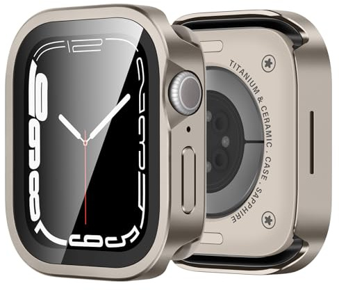 Bisikor Cover Compatibile con Apple Watch Series 9/8/7 45mm Cover con Protezione Schermo in Vetro Temperato, Custodia Protettiva PC in Metallo con Copertura Posteriore per iWatch 45mm, Titanio