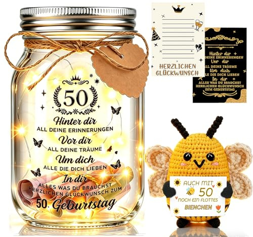 Johiux LED Flaschenlicht mit Positiver Kartoffel Biene für 50. Geburtstag Frau Mann,Pocket Hug Positive Glücksbringer Biene Geburtstagskarte Lustige Geldgeschenke 50.Geburtstag.