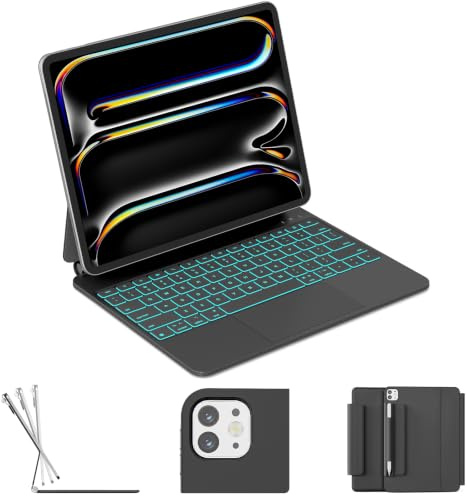 RAYMCRAFT Funda de teclado para iPad Pro de 13 pulgadas (M5/M4), soporte | Retroiluminación de 11 colores, hebilla de lápiz, superficie resistente a las manchas, teclado mágico para iPad Pro de 33 cm