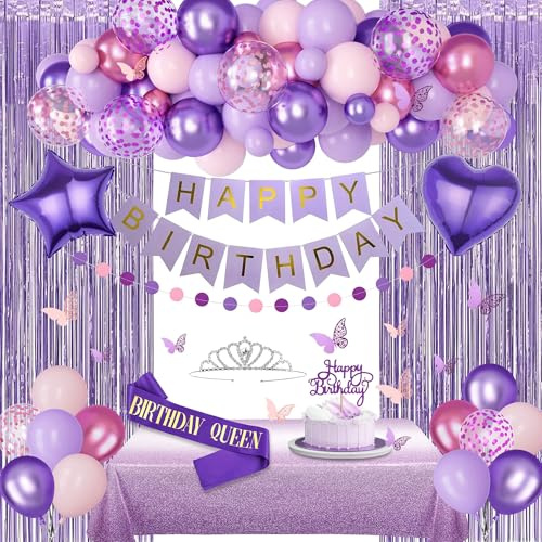 BlueCloudy Decoración de cumpleaños morada para mujer, globos rosa pastel y morado, mantel foil, banda, corona, cortinas de flecos, bandera Feliz Cumpleaños, guirnalda de círculos, topper mariposa