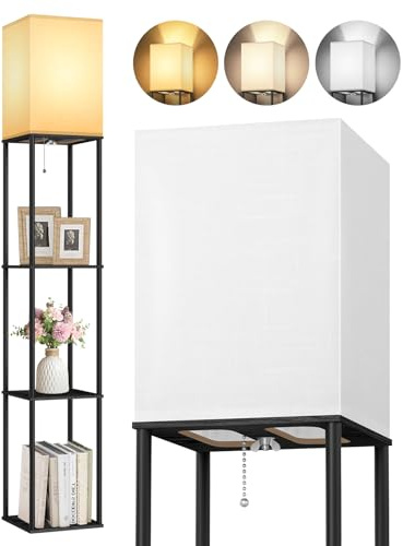 OUTON Stehlampe mit Regal in Schwarz, 158 cm Stehleuchte mit 3 Ablagen | 3 Farbtemperaturen, 9W E27 LED-Leuchtmittel, Stoffschirm für Wohnzimmer, Schlafzimmer, Büro, Flur, Gästezimmer