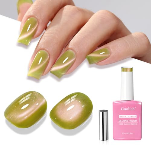 Goolich Green Cat Eye Gel Nail Polish, 15ML HEMA & TPO Free Light Green Holographic Glitter Shimmer Magnetic Gel Polish with Magnet Soak off UV LED Nail Design Manicure Salon