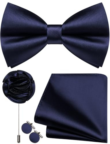 Ailisus Einfarbig Fliege Herren Vorgebunden Satin Fliege und Einstecktuch mit Ansteckblume Manschettenknöpfe Set für Hochzeit