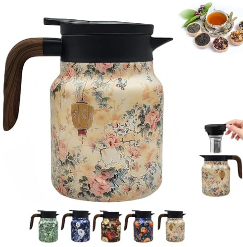 Infinite Tea Pot, Vintage Floral Pattern Tea Pot - Built-In Infuser, Infinite Stainless Steel Insulated Vintage Teapots for Hot Cold Drinks (Beige,800ml)