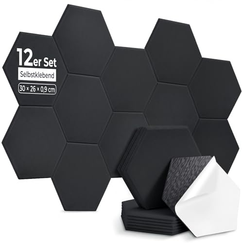 AUSLET 12 Stück Hexagon Akustikplatten Selbstklebend, 30 x 26 x 0,9 cm Hohe Dichte Akustikpaneele, Schallschutzplatten für Studio, Büro, Akustische Behandlung und Gaming deko, Schwarz