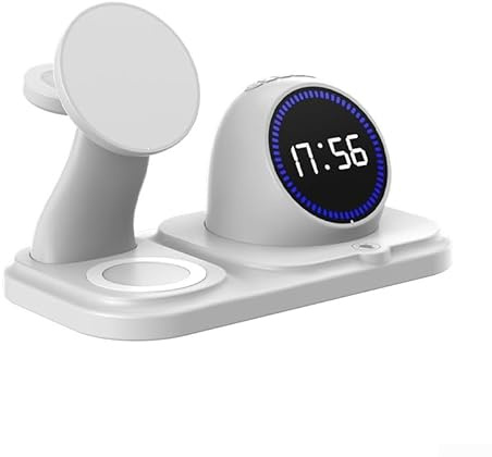 DystopiaWorld 6 In 1 Wireless Charging Station, Magnetic Wireless Charger, With LED Alarm Clock RGB Light Effect And Speaker, For IPhone, For Watch Series, For AirPods(White)