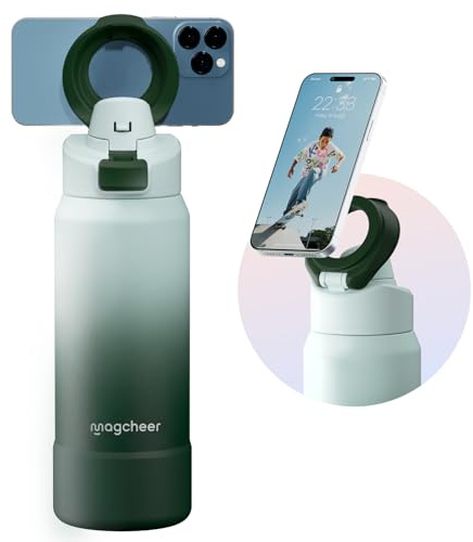 magcheer Trinkflasche Edelstahl mit Handyhalterung 1L | 360° Verstellbar Magnetic Wasserflasche | 18 Stunden Kalt | Auslaufsicher & Spülmaschinenfest Flasche für Sport Fitness(Grün Ombré)