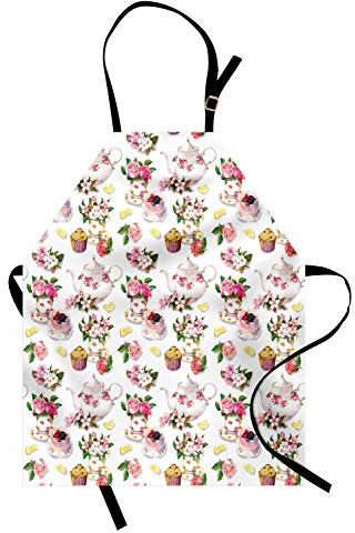 ABAKUHAUS Shabby Flora Kochschürze, Bunte Retro Teekannen, Unisex-Küchenlätzchen mit verstellbarem Hals für Kochen Gartenarbeit, 67 cm x 80cm, Puder Rosa