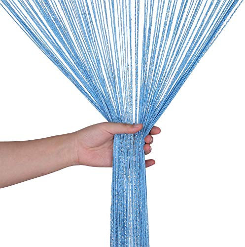 WedDecor Sky Blue String Curtains Glitter Fringe Panel Fly Screen Room Divider Tassel Curtain for Doors, Doorway, Windows, Home Décor, Event Decoration, (90cm x 200cm)