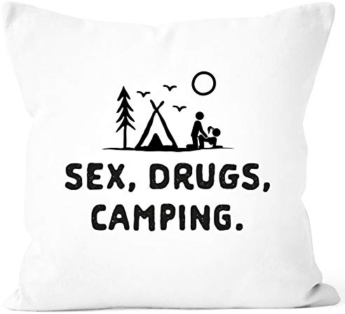 MoonWorks® Kissen-Bezug Outdoor Design lustig Sex Drugs Camping Kissen-Hülle Deko-Kissen Baumwolle weiß Unisize