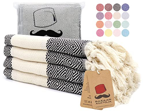Bazaar Anatolia Gästehandtücher 4er Set Handtücher Badetuch 100% Baumwolle 95 x 45 cm Rechteckig Hamamtuch Handtuch Saunahandtuch Orientalische Deko Boho Badetuch Diamant (Schwarz)