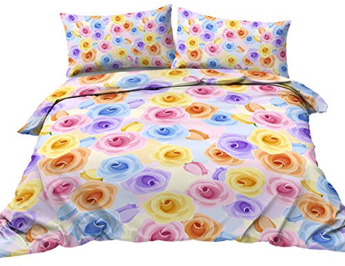 BlessLiving Blue Pink Vintage Rose Bedding Romantic Roses Bedspread 3 Piece Duvet Cover Set with Zipper Closure Corner Ties (King)