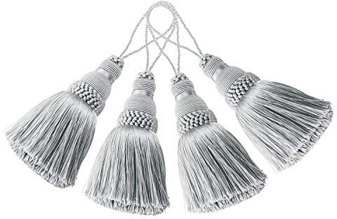 BEL AVENIR Elegante Polyester-Quasten, bunte Bastelquasten für Schlüsselanhänger, Bänder, DIY-Zubehör, 4 Stück (Silber)
