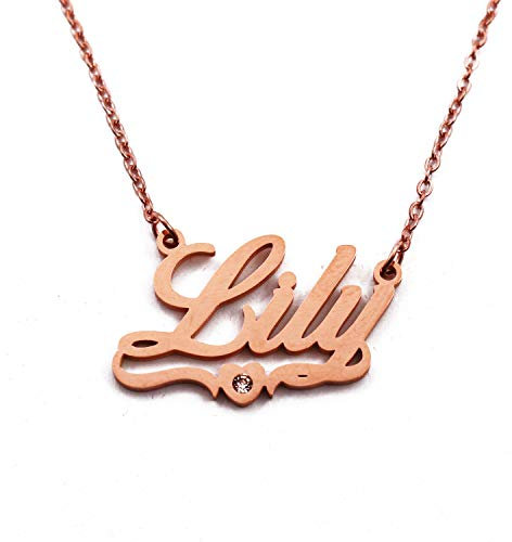 Lily Personalised Heart Shaped Name Necklace Rose Gold Plated, Custom Dainty Name Pendants, Jewellery for Ladies, Girlfriend, Mother, Sister, Friends