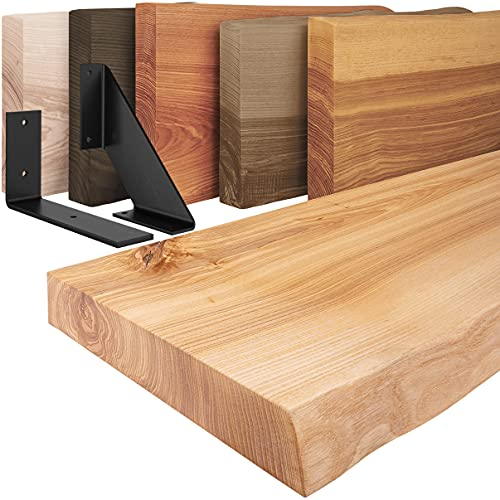 LAMO Manufaktur Wandregal Holz Baumkante | Regal Farbe: Natur | mit schwarzem Basic Regalträger | 60 cm