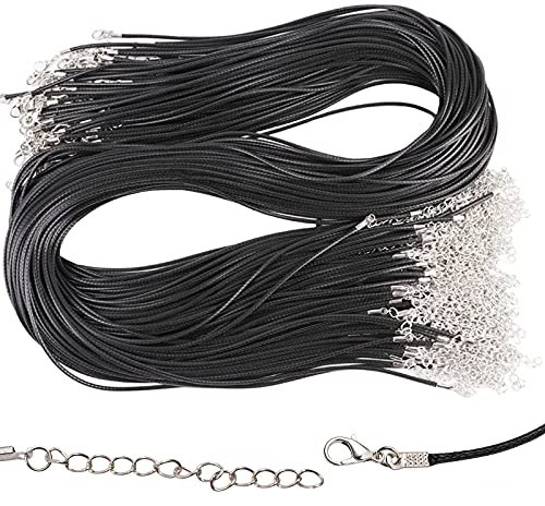 60 Pcs Waxed Necklace Cord, Black Leather Braided String Cord Adjustable Rope Jewelry Making Accessories Supplies with Lobster Claw Clasp for DIY Bracelet Necklaces Pendants (1.5 mm)