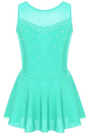 Freebily Vestito Pattinaggio Artistico Bambina Senza Maniche con Strass Body Ginnastica Artistica Ballerina Tutu Danza Classica Balletto Abito Ballo Latino Dancewear Verde 7-8 Anni