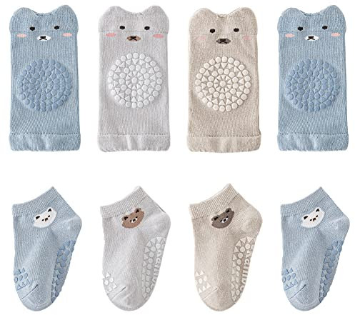 FedMois 4 Pares Rodilleras Bebé Gateo + 4 Pares Calcetines Antideslizantes de Algodón con Motivos de Animales, bebés niño, 1-3 años