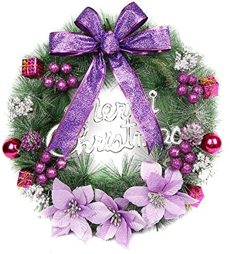 COKEEY Xmas Wreaths for Front Door, 40 cm/15.7inch Artificial Xmas Door Wreath Winter Xmas Garland Decorw/ Bow Flowers Ball for Indoor Outdoor Xmas Decor (Purple) (HB-1011647)