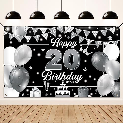 Koliphy 20. Geburtstag Deko, 20. Happy Birthday Banner für Männer Frauen, Silber Schwarz Stoff 20 Geburtstagsbanner Hintergrund Party Dekoration Drinnen und Draußen