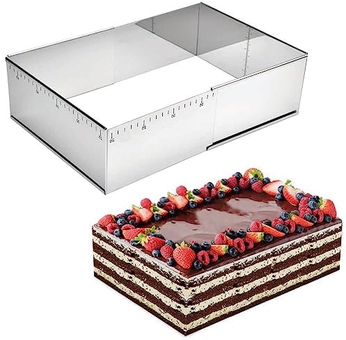 Guowall Stampo Rettangolare Torta, Teglia ad Anello per Cuocere e Decorare, Regolabile 25-46 cm x 19-36 cm, Altezza 10 cm, Acciaio Inossidabile