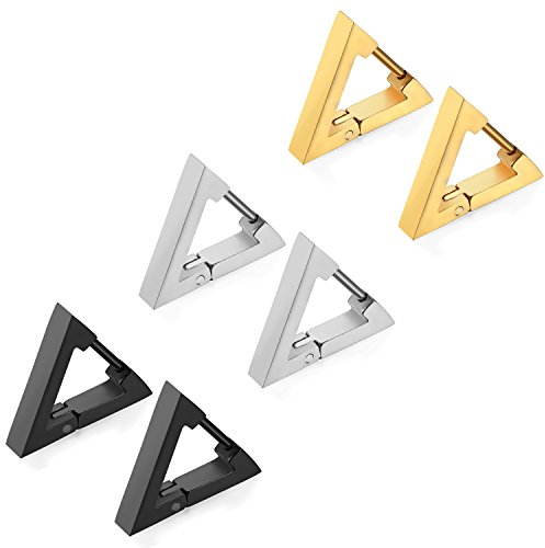 Flongo 3 Paare Creolon Dreieck Ohrringe Set schwarz gold silber klein Ohrstecker eckig dreieckig Edelstahl Schmuck Triangel Geometrisch Ohrschmuck punk Stud Earrings für Damen und Herren