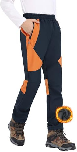 HFDWYJ Pantalon de Neige Enfant Imperméable Pantalon de Ski d'Hiver Filles Garçon avec Rembourrage en Polaire, Imperméable Coupe Vent avec Poches, Bleu marine + orange, 152-158 cm