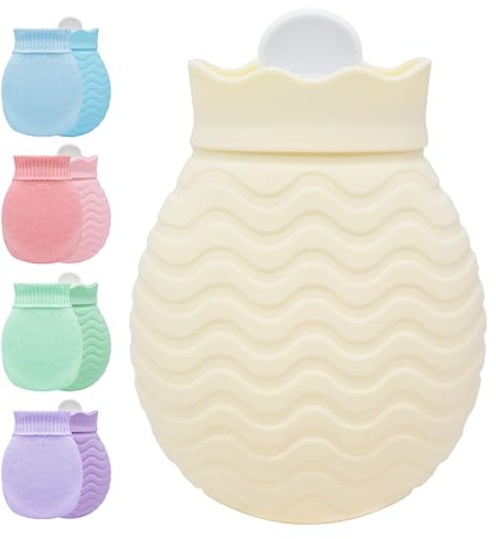 Hot Water Bottle with Knitted Cover, 320ml Small Hot Water Bag for Pain Relief, Back, Neck and Shoulders, Mini Hot Water Bottle with Removable and Washable Soft Cover, Best Gift for Women, Kids, Girls