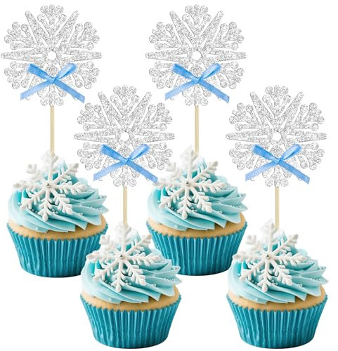 24 Stück Schneeflocken-Cupcake-Topper, Glitzer, Schneeflocke, Cupcake-Picks, Eiskönigin blaue Schleife, Schneeflocke, Kuchendekorationen, Babyparty, Geschlecht, enthüllen, Winterthema,