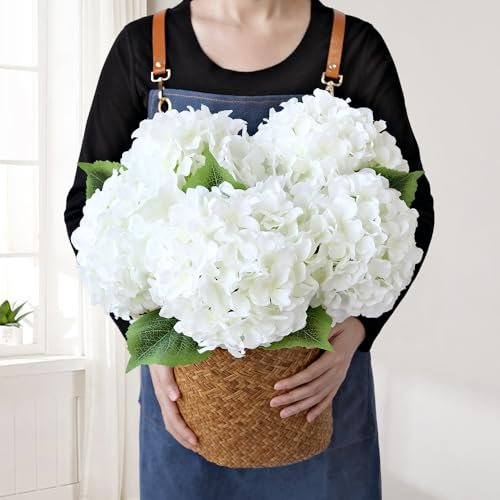 JINWOE Flores Artificiales de hortensias de Seda, 5 Piezas de Flores Blancas Artificiales realistas de 20 Pulgadas, hortensias Artificiales Completas con Tallos para Ramo, centros de Mesa, decoración