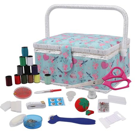Nähkorb, klassisches Stoff-Design, Nähset, Zubehör, großes Nähkästchen, Nähzubehör, Organizer und Aufbewahrung, tragbares Nähset, Stickbox, 11,4 x 7,5 x 13 cm (mittel/grün)