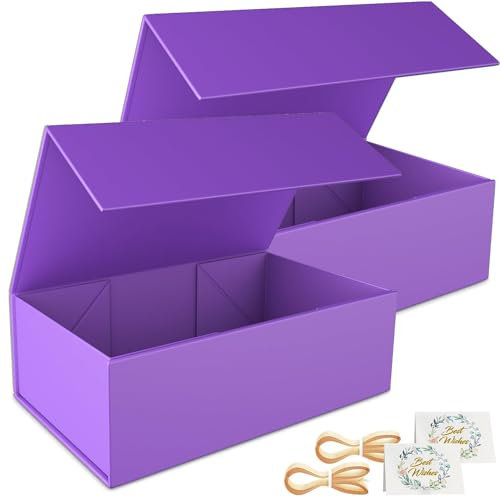 2 Pack Geschenkbox, 24x15x7.6cm Geschenkboxen für Presents with Lids Magnetic Closure Rectangle Collapsible for Groomsman Proposal Box, Christmas, Halloween, Birthday Gift Packging (Lila)
