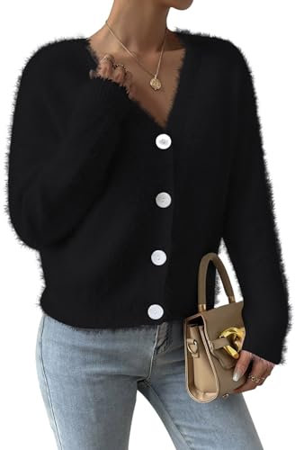 Viottiset Damen Pelzige Strickjacke Batwing-Ärmeln Vorne Offen V-Ausschnitt Knopfleiste Gestrickter Pullover Schwarz M