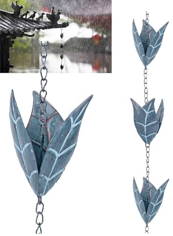 Tefola 2.6m Cadena de Lluvia para Canalones, Cadena de Lluvia, Cadena de Lluvia para Canalones, Cadena Meteorológica Retro en Forma de Hoja de Hierro Azul para Colgar en Balcones, Tejados, Jardines