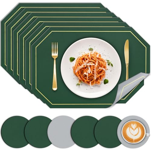 BOCHION Placemats and Coaster Sets 6, Dual Sided Two-Color Place Mats 30x43 cm, Leather Heat Resistant Non-Slip Washable, Wipeable Kitchen Table Mats for Home Dining Table Restaurant Hotel(Green Grey)