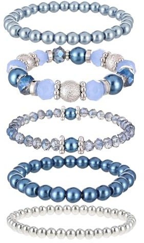 Qianeffort 5PCS Stackable Beaded Bracelets for Women,Blue Bracelet for Girls,Stretch Layering Handmade Bracelets for Women Girls Birthday Gifts