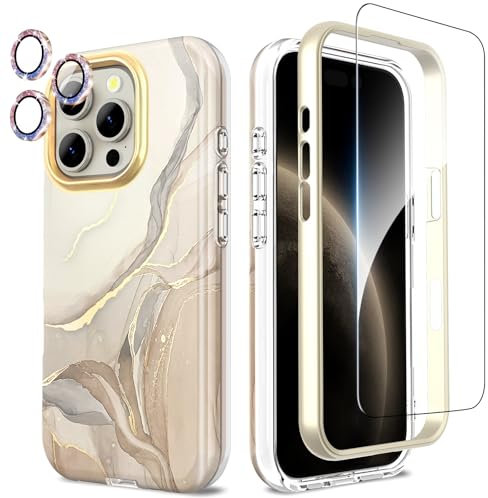 SHEDEER for iPhone 16 Pro Case with Screen Protector + Bumper & Camera Protector, TPU Shockproof 360° Protection, 16 Pro Cases Glossy Fade-Resistant Pattern Phone Case 16 Pro, Beige