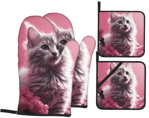 YYHHAOFA Set di quattro pezzi da cucina con stampa di gatti, guanti da forno isolati e presine, spessi e resistenti