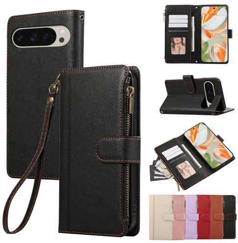 Rosbtib Funda para Google Pixel 9/Google Pixel 9 Pro 6.3 2024 Funda de Cuero con Cremallera Cierre Magnético Carcasa de Cartera con 4 Ranuras para Tarjetas Función Stand Cover Pixel 9/9 Pro, Negro