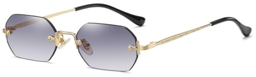 RUNHUIS Retro Randlose Rechteckige Sonnenbrille für Damen Herren Vintage Hexagon getönte Gläser (Gold/Grau Farbverlauf)