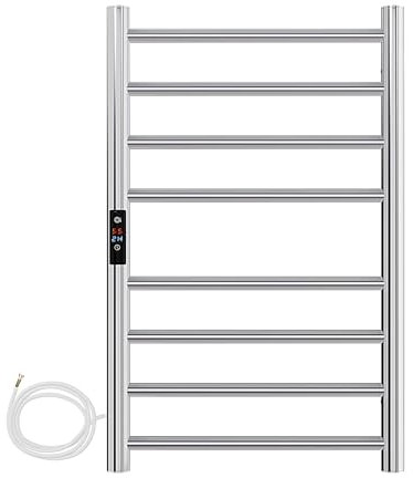 AQUAWORLD Electric Towel Radiator Stainless Steel Grade 304 Towel Warmer for Bathroom with Built-in Timer Hardwired Wall Mounted Heated Towel Drying Rack - 800mm x 500mm (Polished Chrome)