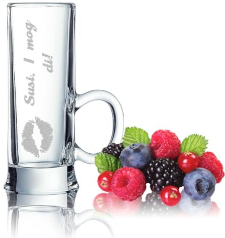 Schnapsglas mit Henkel mit Gravur - individuell graviert Wunschtext - Pinnchen mit Henkel zum Umhängen - Schnapsgläser Hochzeit - personalisierte Geschenkidee Shotglas ca. 55ml Männergeschenk