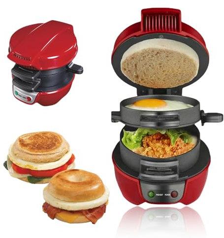 Electric Sandwich Maker, Muffin Burger Maker & Grilled Sandwich Toaster Maker, with Egg Cooker Ring, Non-Stick Cooking Plates, Perfect for Hamburger, Snacks, Quick Breakfast (Red)