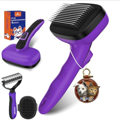 YOYUPETA Dog Brush Kit - Self-Cleaning Slicker Brush with Bath Tool & Undercoat Rake | Deshedding Tools for Large - Small Dogs & Cats, Professional 3-in-1 Pet Grooming Set for Heavy Shedding,Purple