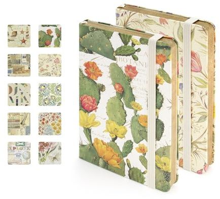 Notizbuch A6 Liniert 2er Set, Florentiner & Provence Serie, Hardcover mit Italienischem Blumenpapier, 80gsm Papier, je 74 Blatt, Goldsprühkante, Mit Rückentasche, 9 x 14 cm（Kaktus + Pfirsichblüte）
