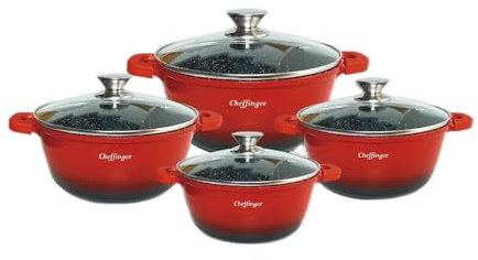 Cheffinger Kochtopf-Set, 8-teilig, Aluminiumguss mit 3-Schicht-Marmorbeschichtung, 20-32 cm, Rot