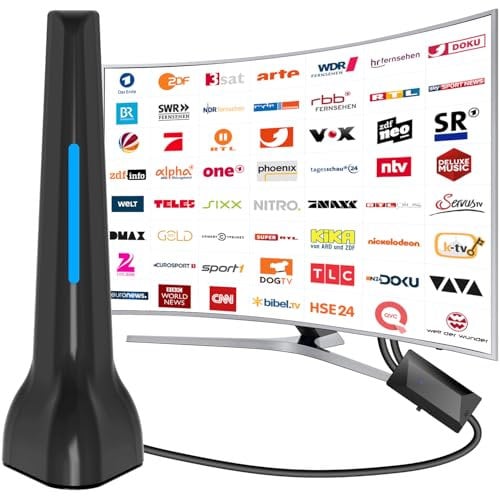 DVB-T/DVB-T2 Antenne mit Verstärker innen,Ermöglicht den Fernempfang digitaler Signale und Wird mit einem 3-Meter-Koaxialkabel geliefert